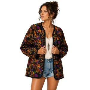 VTG DK Gold DonnKenny Boho Quilted Open Front Jacket Women M Multicolor Fall 80s